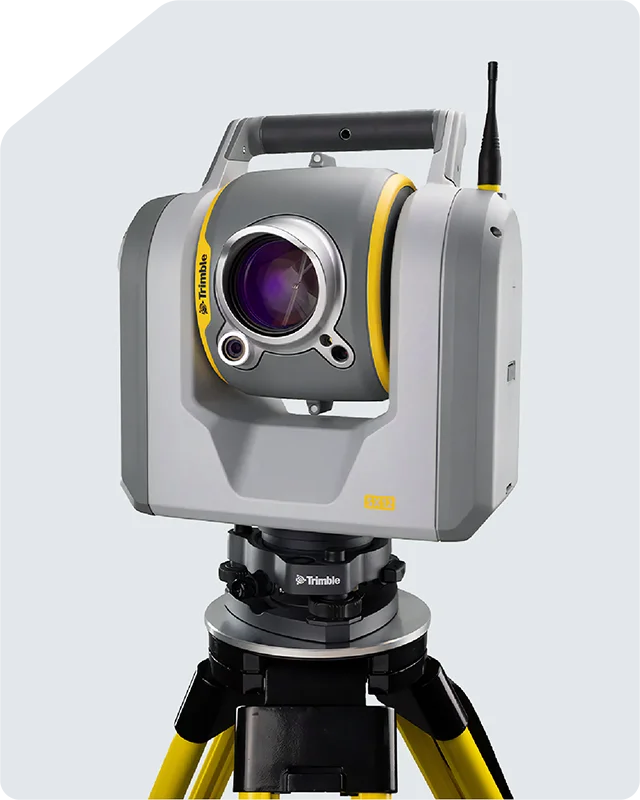Trimble TX9 escáner láser 3D de alta precisión montado en trípode para capturas detalladas en topografía.